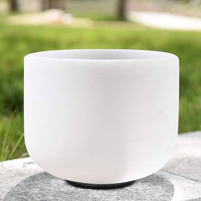 RYAN DVAN 8” E Note Frosted Solar Plexus Chakra Crystal Singing Bowl with Free Heavy-Duty Carrying Case and Suede Striker O-Ring