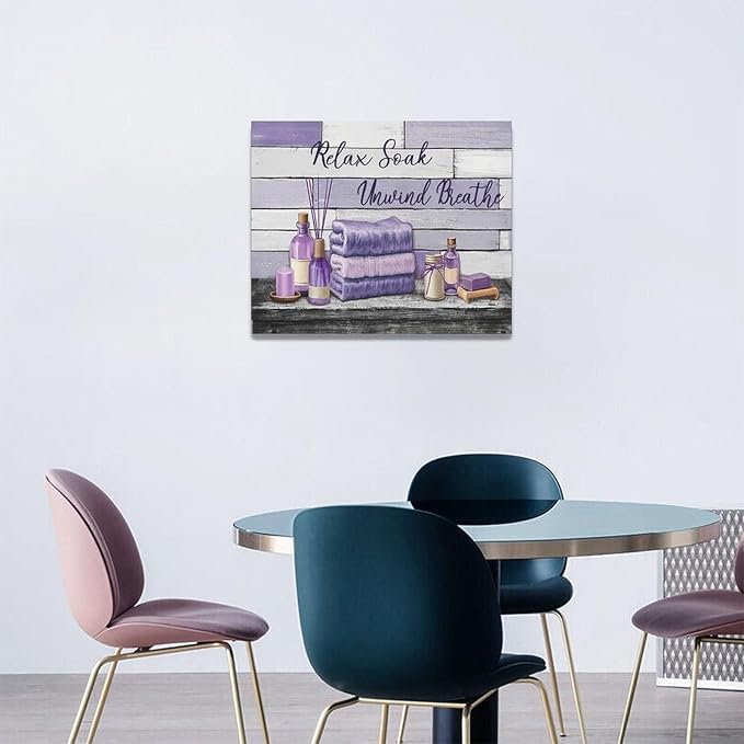 Farmhouse Bathroom Wall Art Relax Soak Unwind Breathe Wall Decor Rustic Bathroom Pictures Canvas Painting Framed Artwork Purple Country Home Decorations for Toilet Lavatory 20"x16"