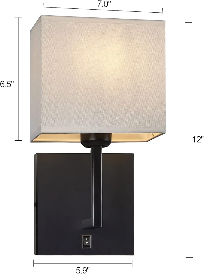 TERLEENART Modern Hard Wired Wall Sconces Set of 2 with on/Off Switch and Square White Fabric Shade,Wall Mounted Light for Living Room Fireplace Mantel Foyer Hallway
