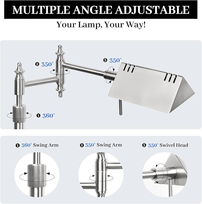 Dimmable Pharmacy Floor Lamp with Remote, 15W LED Reading Floor Lamp with 360°Swing Arm, 3 Color Temperature, Height Adjustable Silver Standing Task Lamp for Living Room, Bedroom, Brushed Nickel