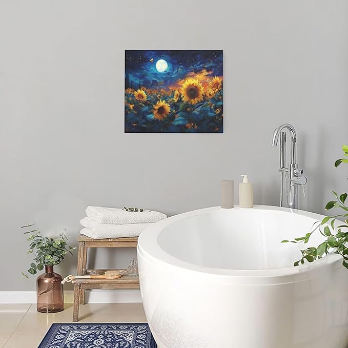 Sunflower Canvas Wall Art Starry Night Pictures Painting Yellow Floral Wall Decor Prints Framed Artwork Decoration for Living Room Bedroom Bathroom Dining Room Office 20"x24"