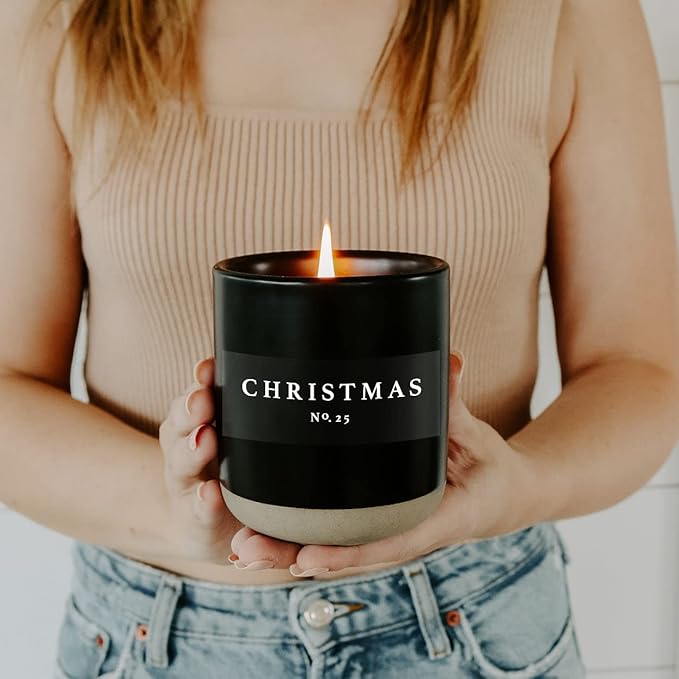 Sweet Water Decor Christmas Candle | Apple Cider, Cinnamon, Fresh Cut Christmas Tree, and Cookies Scented Soy Candle for Home | 12oz Black Stoneware Jar, 60+ Hour Burn Time, Made in The USA