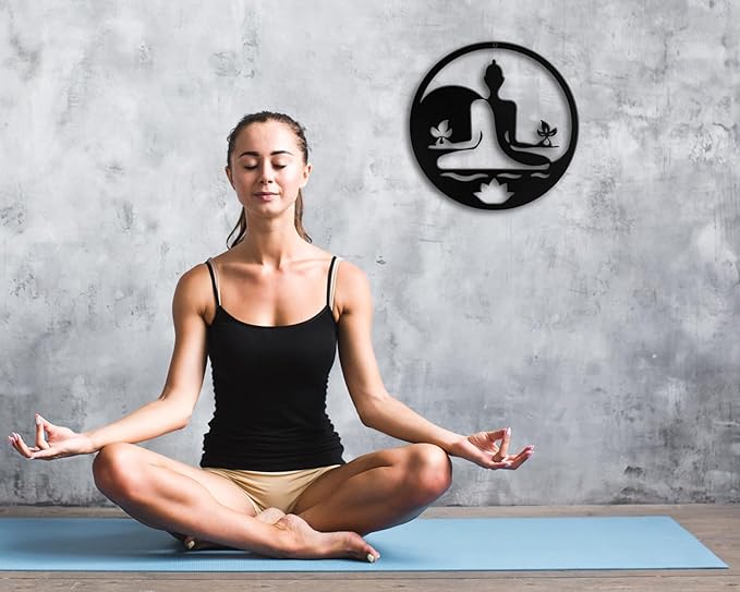 Metal Zen Wall Decor Women Black Iron Buddha Wall Art Lotus Spiritual Meditation Yoga Wall Sign for Living Room Bedroom Studio Office Female Yin Yang Wall Plaque Hanging Decoration Hallway Farmhouse Girls Rustic Modern Steel Wall Art