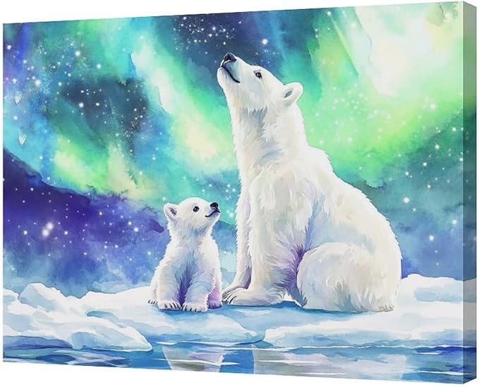 Olivine Polar Bear Wall Art, Northern Lights Pictures Wall Decor,Watercolor Polar Landscape Canvas Prints Paintings, Framed Artwork for Bathroom Bedroom Living Room Office Home Decoration 24"x20"