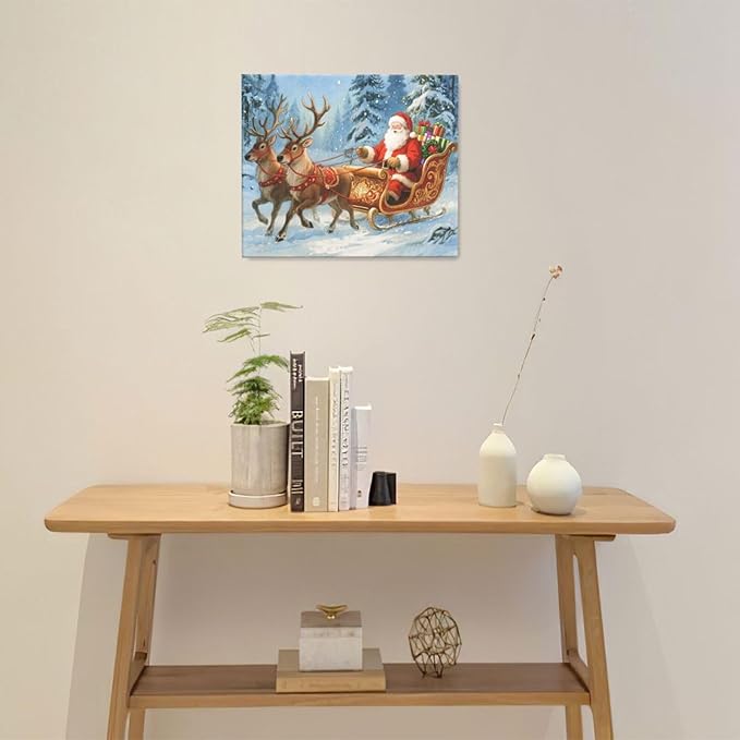 Santa Claus Christmas Wall Art Winter Santa Claus Reindeer Canvas Wall Decor Winter Christmas Pictures Painting Artwork Decoration Framed Gifts for Women Girl Bedroom Living Room Dining Office 20"x24"