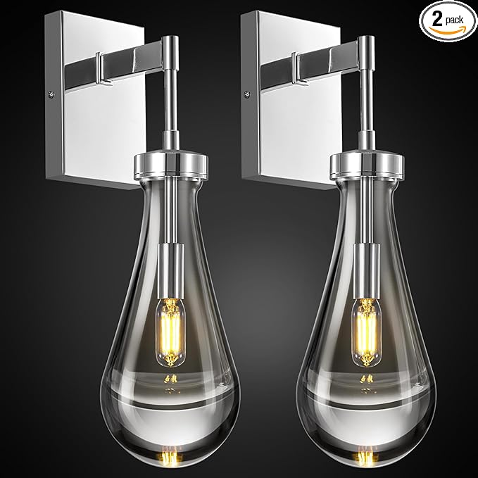 Raindrop Wall Sconces Set of Two Chrome Sconces Wall Decor Modern Brass Wall Lighting Glass Bathroom Sconces Indoor Vanity Light Wall Lamp for Bedroom Living Room Stair