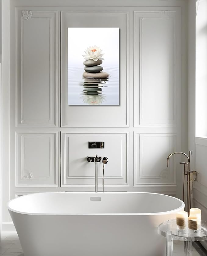KPLUNDO Zen Wall Art Lotus Canvas Print Spa Stone Picture Meditation Painting Vintage Artwork for Bathroom Living Room Office Modern Home Decor Frame Gallery Wrap(Art-4,12.00x18.00 inch)