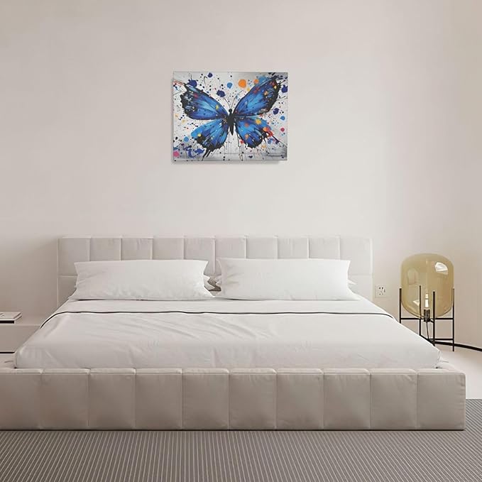 Banksy Butterfly Wall Art Blue Butterfly Street Art Graffiti Wall Decor Pictures Painting Canvas Artwork Framed Decoration Gifts for Women Girl Living Room Bedroom Office 16"x20"