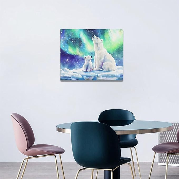 Olivine Polar Bear Wall Art, Northern Lights Pictures Wall Decor,Watercolor Polar Landscape Canvas Prints Paintings, Framed Artwork for Bathroom Bedroom Living Room Office Home Decoration 20"x16"
