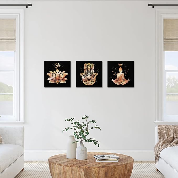 Derkymo 3 Panel Yoga Wall Art Abstract Lotus Flower Picture Prints Meditation Zen Art Wall Decor for Home Decoration Framed to Hang 12"x12"x3pcs