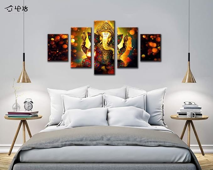 Large 5 Panel Hindu God Ganesha Wall Art - Traditional Indian Canvas Prints for Home Decor (60x32 Inch, Framed)