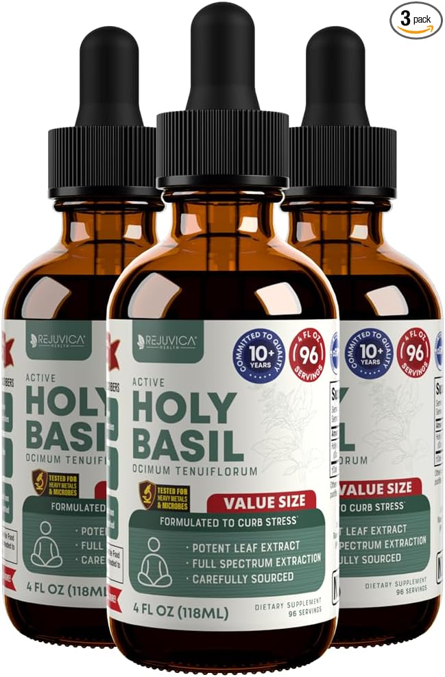 Rejuvica Health Active Holy Basil 4oz XL Super Size - Advanced Stress Support Supplement Drops - Holy Basil Leaves Liquid Extract - Vegan Sugar Free Non GMO Tincture 3 Pack