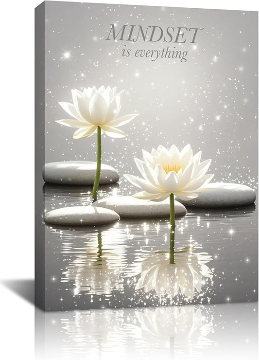 Canvas Prints Art Lotus Floral Mindset Motivational Quotes Poster for Zen Office Wall Decor,White Lotus Flower Meditation Poster Modern Artwork Painting Framed Ready to Hang(12"x16")