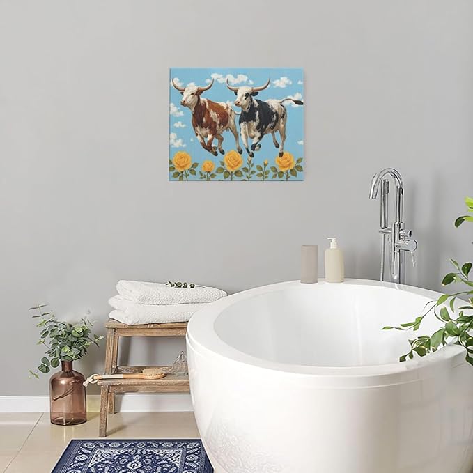 Longhorn Wall Decor Funny Cow Canvas Wall Art Cute Cattle Pictures Painting Artwork Framed Decoration for Bedroom Bathroom Living Room Kitchen Dining Room Office 20"x24"