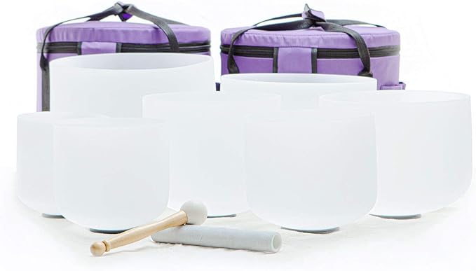 Leize Crystal Singing Bowl with Carrying Case, White, Set of 7 size 6-12" A-G Note 432 hz