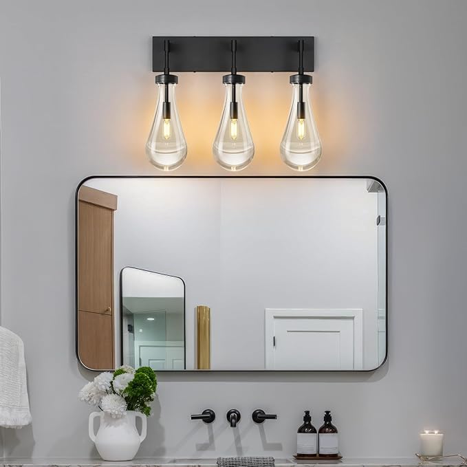 Raindrop Wall Sconces Black Crystal Sconces Wall Decor Modern Brass Lighting Glass Bathroom Sconces Indoor Vanity Light Wall Lamp for Bedroom Living Room Stair(3-Light)