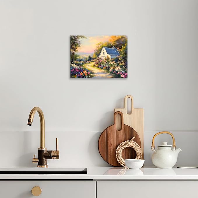 Olivine Garden Wall Art, Barn Pictures Wall Decor, Sunset Painting Vintage Village Garden Canvas Print, Framed Artwork for Living Room Bedroom Bathroom Office Home Decoration 16"x12"