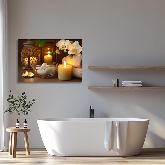 KPLUNDO Zen Canvas Wall Art - Candle with Spa Stones on Wood Table Picture Orchid Painting Prints Meditation Relax Artwork for Bathroom Yoga Spiritual Room Decor Frame(20.00x30.00 inch)