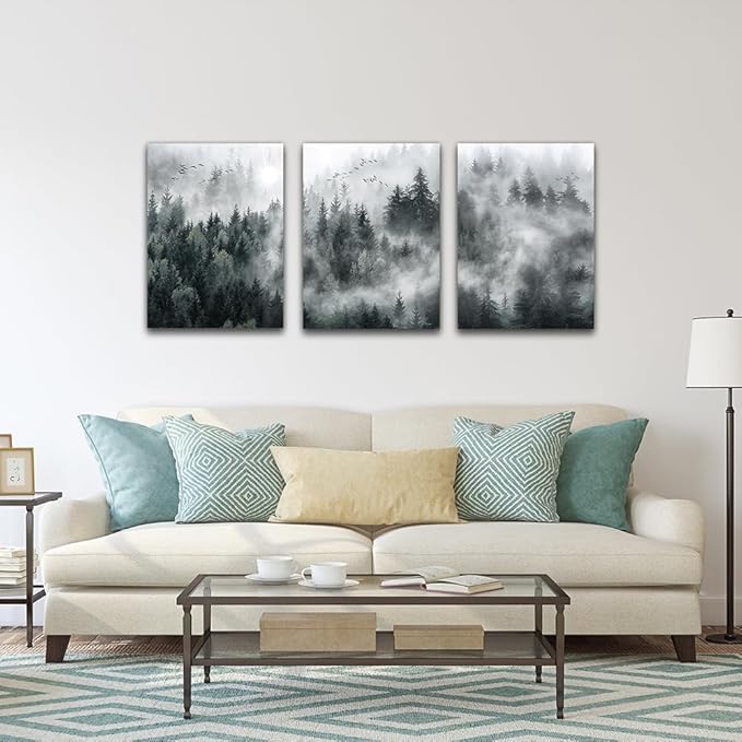 DZRWUBHS Wall Decor for Living Room Large Canvas Wall Art For Bedroom Office Decoration Foggy Forest Trees Scenery Wall Painting Modern Wall Picture Prints Artworks Ready To Hang Room Decor 3 Piece