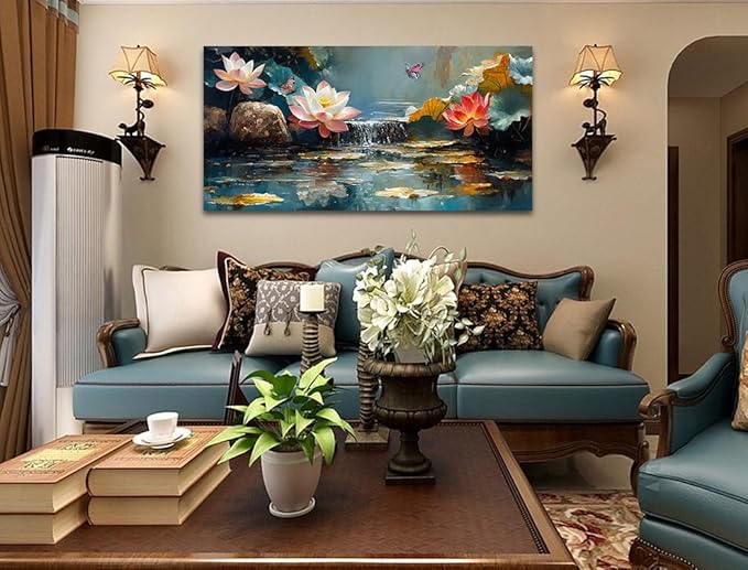 Anolyfi Lotus Canvas Wall Art for Living Room, Zen Yoga Decor Pink Large Picture Landscape Bedroom Painting Textured Artwork Framed for Spa Bathroom Hallway Kitchen Room Office Home Decor 40"x20"