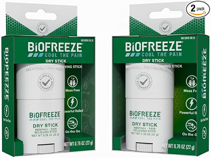 Biofreeze Dry Stick, Mess-Free Relief for Neck, Shoulder, Knee, Hip, Hand & Joint, Cooling Menthol Pain Relief Stick, 100+ Uses (Pack of 2)