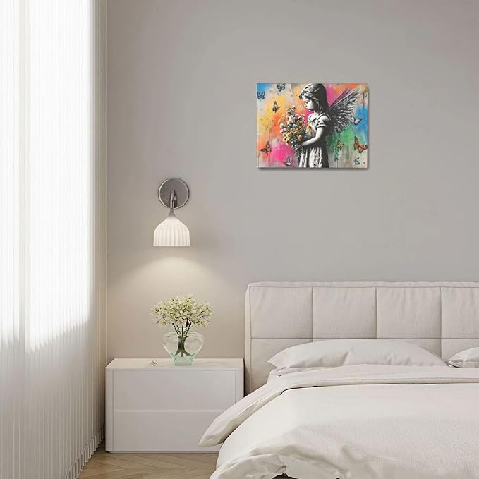 Banksy Wall Art Butterfly Girl Pictures Street Pop Art Graffiti Canvas Wall Decor Vintage Kids Aesthetic Painting Artwork Decorations Framed for Living Room Bedroom Bathroom Kid Room Office 12"x16"