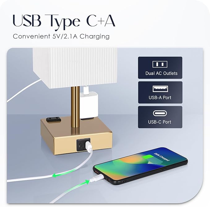 Bedside Lamp with USB Ports - Touch Control Table Lamp for Bedroom with USB C+A Ports & AC Outlets, 3 Way Dimmable Nightstand Light with Pleated Shade for Living Room(Bulb Included)