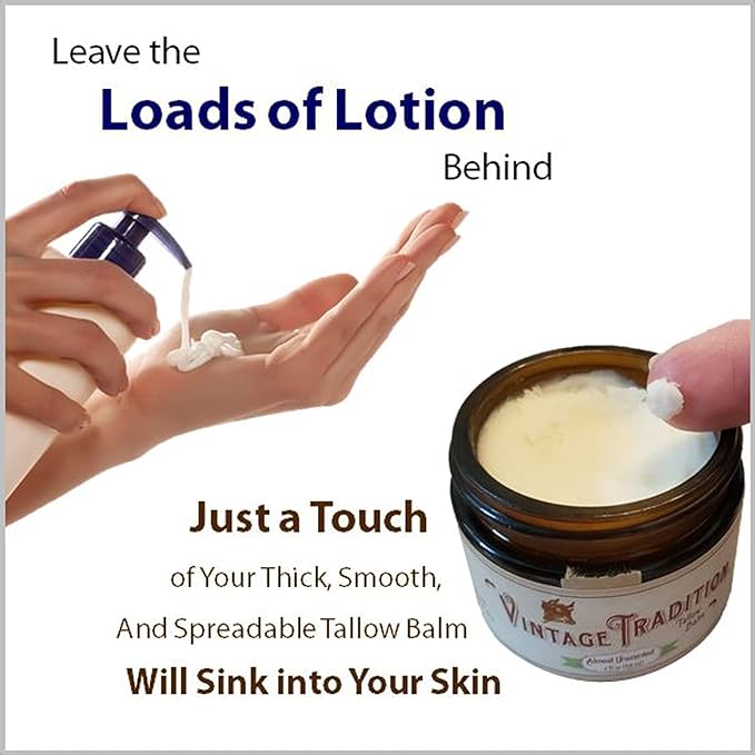 Vintage Tradition Beef Tallow All Purpose Balm - Healing, Hydrating Mild Vanilla Skin Care Salve Replaces Body Lotion, Hand Cream, More - Essential Oil, Olive Oil, and Grass-Fed Tallow, 2 fl. oz.