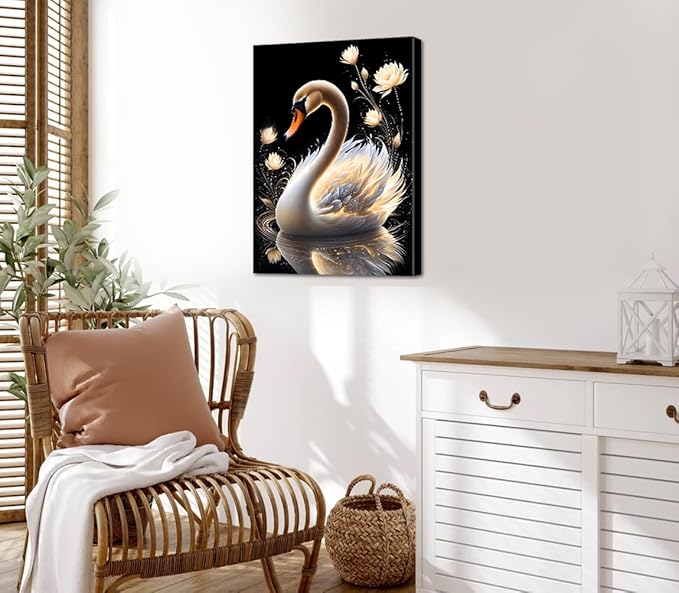 Abstract Gold Patterned Swan Wall Art,Framed Swan Wall Art Prints,White Swan Golden Lotus Flowers Vintage Painting Canvas Wall Art Prints for Bedroom Bathroom Wall Decor(12''x16'')