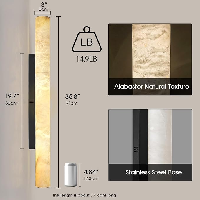 Alabaster Wall Sconces, 36" Large Bronze Wall Sconce, Modern Sconces Wall Lighting, Spanish Natural Marble Wall Sconce Light for Living Room, Bedroom, Hallway, Stairs