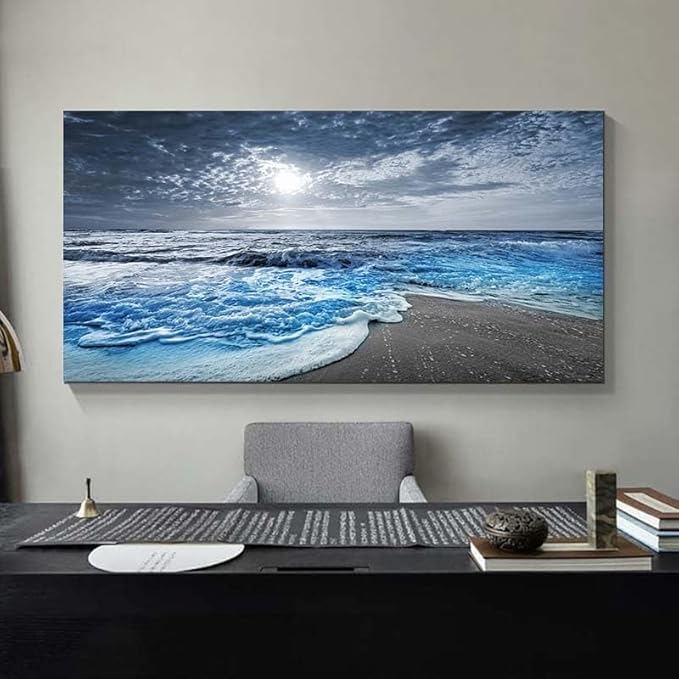 Bamdeya Large Canvas Wall Art for Living Room Beach Poster Wall Pictures for Bedroom Wall Décor Ocean Room Decor Blue Photo Prints Sea Artwork Paintings Framed Office Kitchen Decorations 30x60
