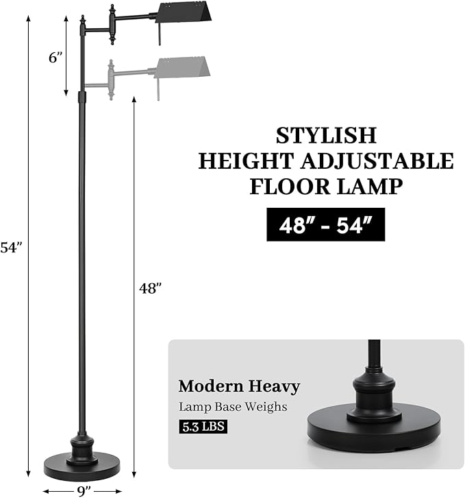 Dimmable Pharmacy Floor Lamp with Remote, 15W LED Reading Floor Lamp with 360°Swing Arm, 3 Color Temperature, Height Adjustable Black Standing Task Lamp for Living Room, Bedroom, Black