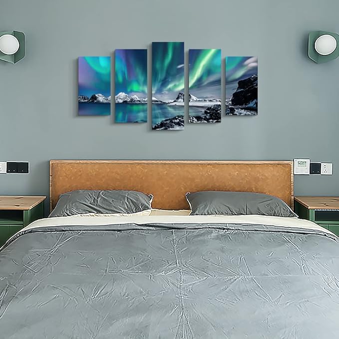Large Canvas Wall Art Set - Blue Aurora Scenery Paintings for Living Room, Bedroom & Office - Modern Canvas Art Prints Ready to Hang - 5 Piece Set