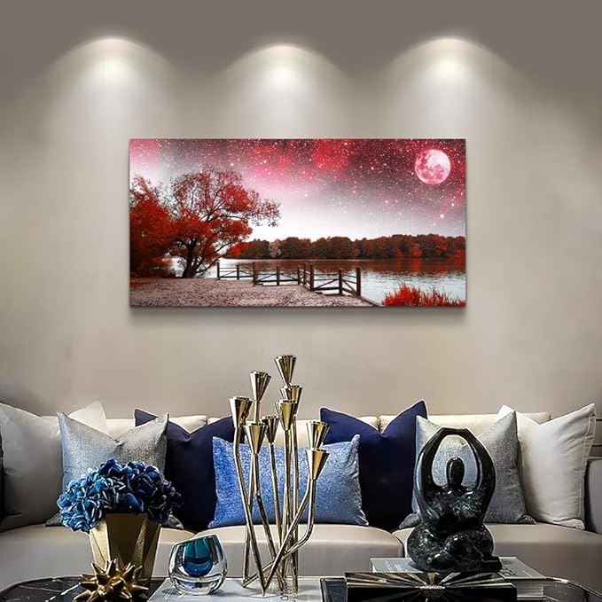 Print Artwork Wall Art Decor Poster for living room Red tree moon starry sky red landscape painting bathroom Wall Art for bedroom Canvas Prints Picture Works Ready to Hang Office Home decorations