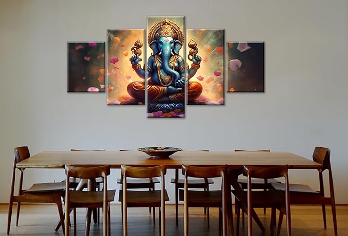 Ganesha Indian Wall Decor Large 5 Pieces Lord Hindu Elephant Photo Picture Canvas Prints Paintings for Living Room Meditation Room Framed Decorations (60" W x 32" H)