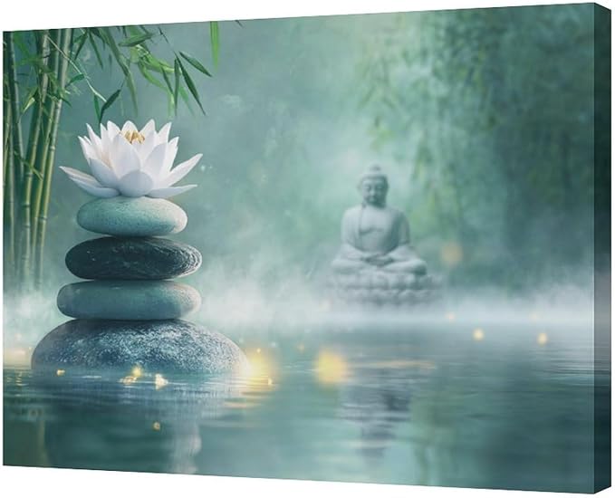 Olivine Zen Decor Wall Art, Lotus Pictures Wall Decor, Stones Flower Bloom Canvas Prints Painting, Framed Artwork for Meditation Bathroom Bedroom Living Room Office Home Decoration 24"x20"