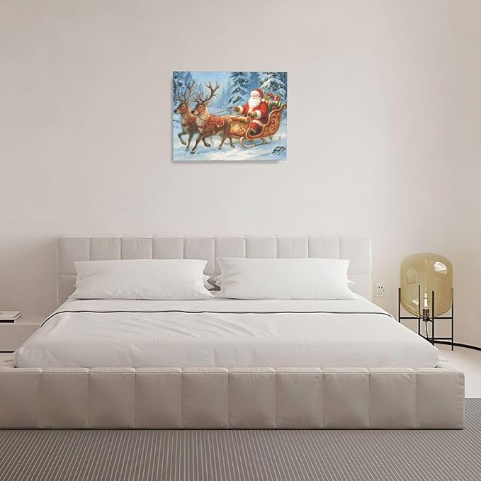Santa Claus Christmas Wall Art Winter Santa Claus Reindeer Canvas Wall Decor Winter Christmas Pictures Painting Artwork Decoration Framed Gifts for Women Girl Bedroom Living Room Dining Office 16"x20"