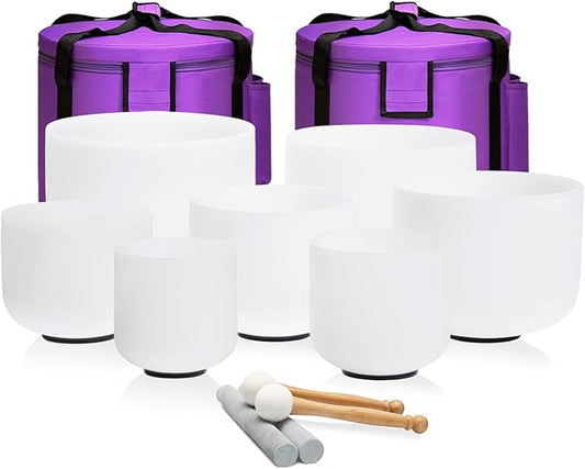 440HZ 6-12 inch Set of 7 Frosted Meditation Chakra Quartz Crystal Singing Bowls for Sound Healing Energy with Carry Case Bag Suede and Striker & O-Ring