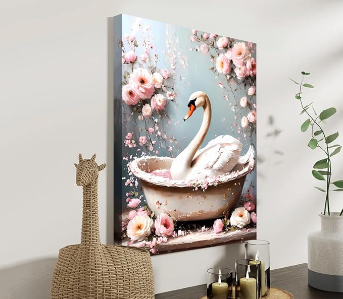 Framed Swan Wall Art Prints,Swan Bathroom Wall Art,Swan In Bathtub Poster Print,Rustic Watercolor Swan Vintage Art Pictures for Bedroom Bathroom Office Decor(12''x16'')