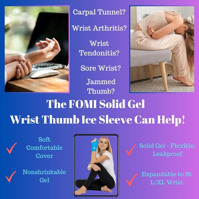 FOMI Wrist Solid Gel Ice Pack | Hot Cold Hand and Thumb Compression Sleeve Wrap for Carpel Tunnel, Arthritis, Tendonitis, Bruises, Swelling, Sports Injuries Pain Relief (Blue - Large/XLarge)