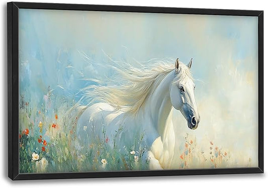 SweetFox Extra Large White Horse Framed Wall Art for Living Room, Horse Wildflower Pictures Oversized Wall Decor Abstract Big Canvas Painting Print Artworks for Bathroom Master Bedroom 36L X 24W