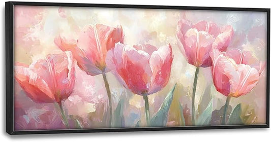 Kylora Tulip Wall Art Pink Tulips Pictures Wall Decor Pink Flowers Large Master Over Above Bed Canvas Prints Horizontal Modern Artwork Painting Home Office Decorations For Kitchen Bedroom 30"x60"