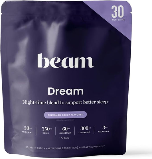 Beam Dream Sleep Powder, L-Theanine, Apigenin, Reishi and Magnesium, Third Party Tested Natural Sleep Aid & Sleep Supplement for Deep Sleep, Relaxation and Recovery, Natural Sleep Support, 30 Servings