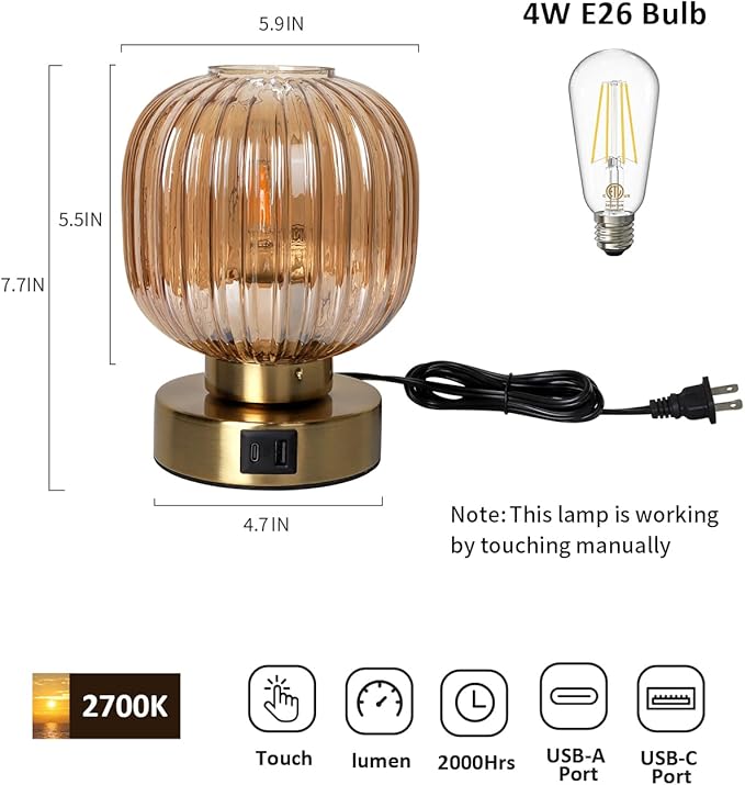 Touch Small Table Lamp,Elegant Gold Glass Bedside Lamp 3 Way Dimmable with USB C+A Charging Ports - Bedroom Nightstand & Living Room Essential, 4W Bulb Included (Gold)
