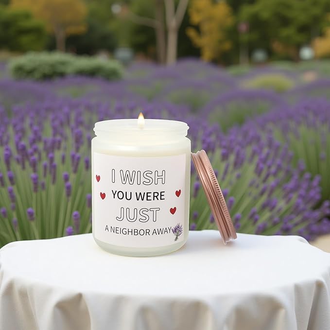 Lavender 'Wish You were Neighbor Away' Scented Candle – 8oz Soy Wax Jar, 50-Hour Burn Time – Relaxing Gift for Long-Distance Friends, Couples & Missing Someone