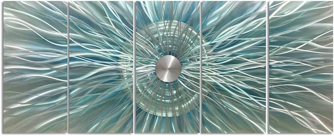 RICHSPACE ARTS Aqua Teal and Silver Sculpture Decor Large 3d Modern Contemporary Metal Wall Art Oversized Abstract Painting Artwork on Aluminum for Living Room Bedroom Office Walls
