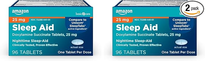 Amazon Basic Care Nighttime Sleep Aid Tablets for Adults, Doxylamine Succinate 25 mg, 96 Count (Pack of 2)
