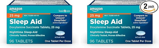 Amazon Basic Care Nighttime Sleep Aid Tablets for Adults, Doxylamine Succinate 25 mg, 96 Count (Pack of 2)