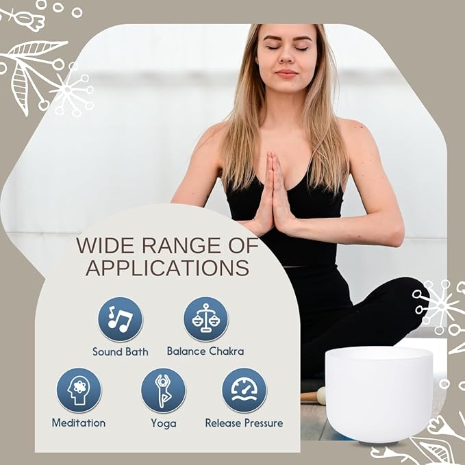 6 inch White B Note Crown Chakra Quartz Crystal Singing Bowl, for Healing Mindfulness Meditation Yoga Sound Baths, with Rubber Mallet O-ring