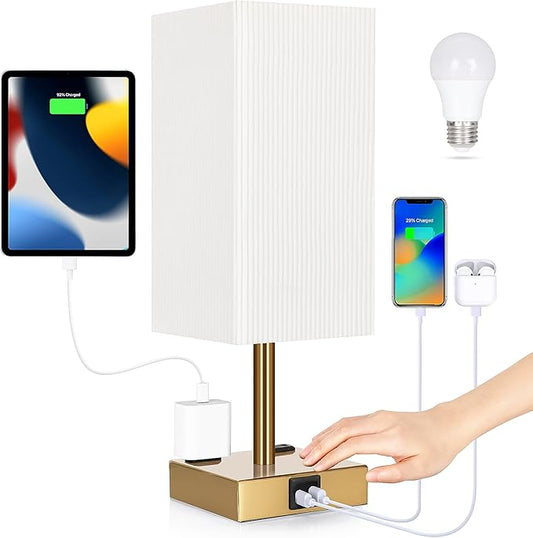 Bedside Lamp with USB Ports - Touch Control Table Lamp for Bedroom with USB C+A Ports & AC Outlets, 3 Way Dimmable Nightstand Light with Pleated Shade for Living Room(Bulb Included)